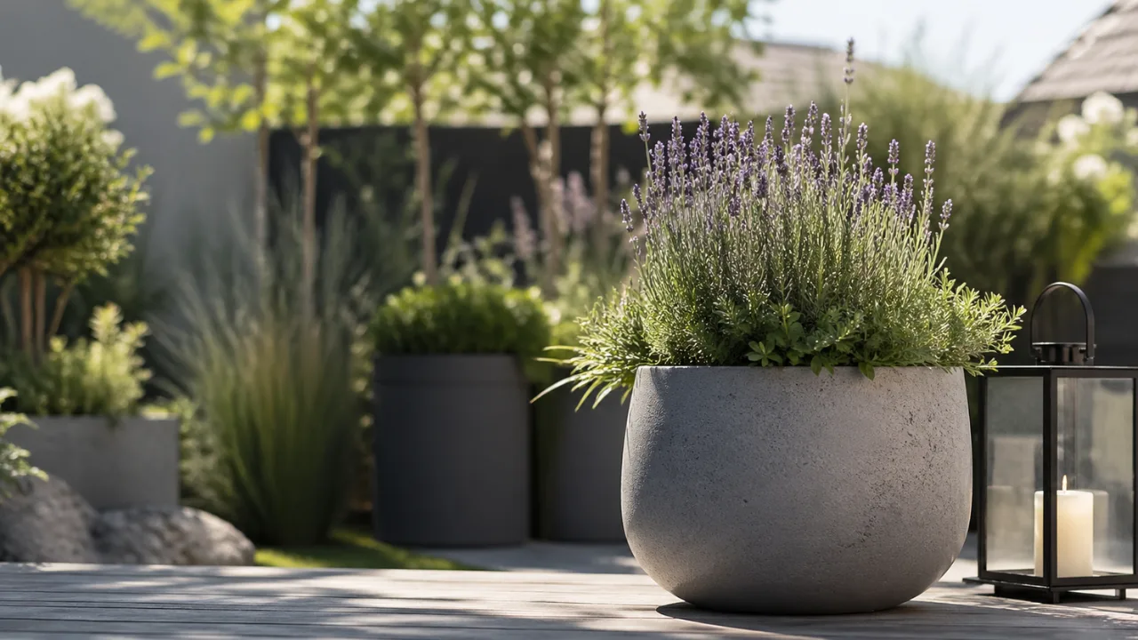 Moderne Gartendeko im Mai mit Pflanzgefäß, Lavendel und minimalistischer Terrasse