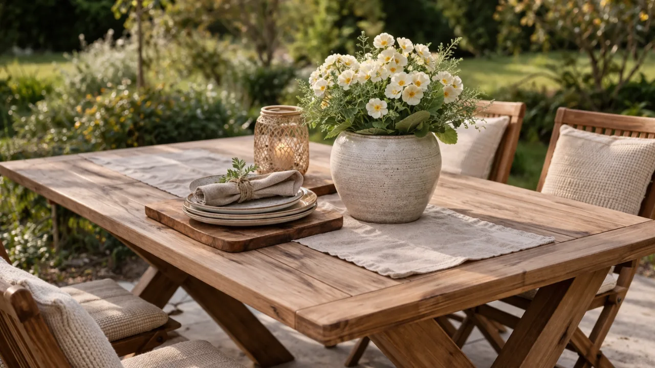 Gartentisch Deko im April mit Blumen, Keramiktopf und natürlicher Tischgestaltung im Garten