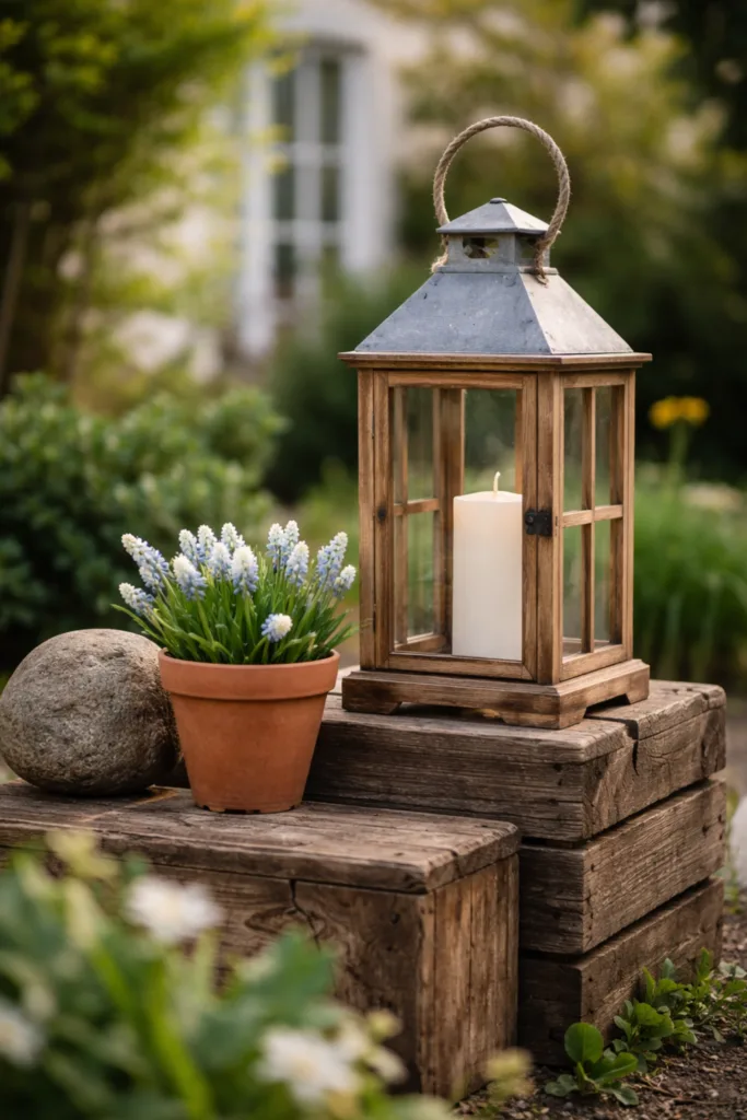 Vorgarten Deko im April mit Holzlaterne, Stein und Blumentopf aus natürlichen Materialien