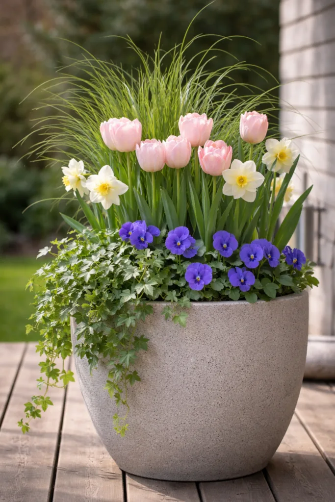 Deko für Pflanzkübel im April mit Layering aus Tulpen, Narzissen und Strukturpflanzen im Kübel