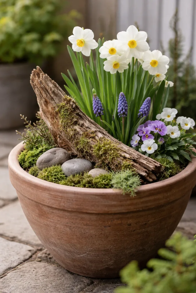Deko für Pflanzkübel im April mit Holz, Steinen und Moos natürlich kombiniert