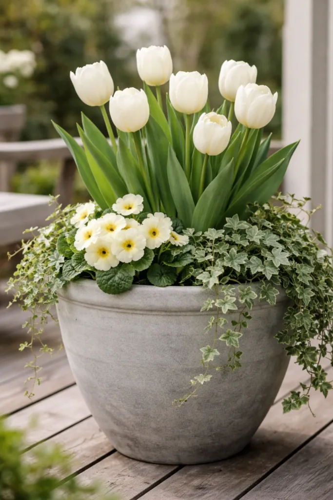 Pflanzkübel im April mit weißem Farbkonzept und harmonischer Frühlingsbepflanzung