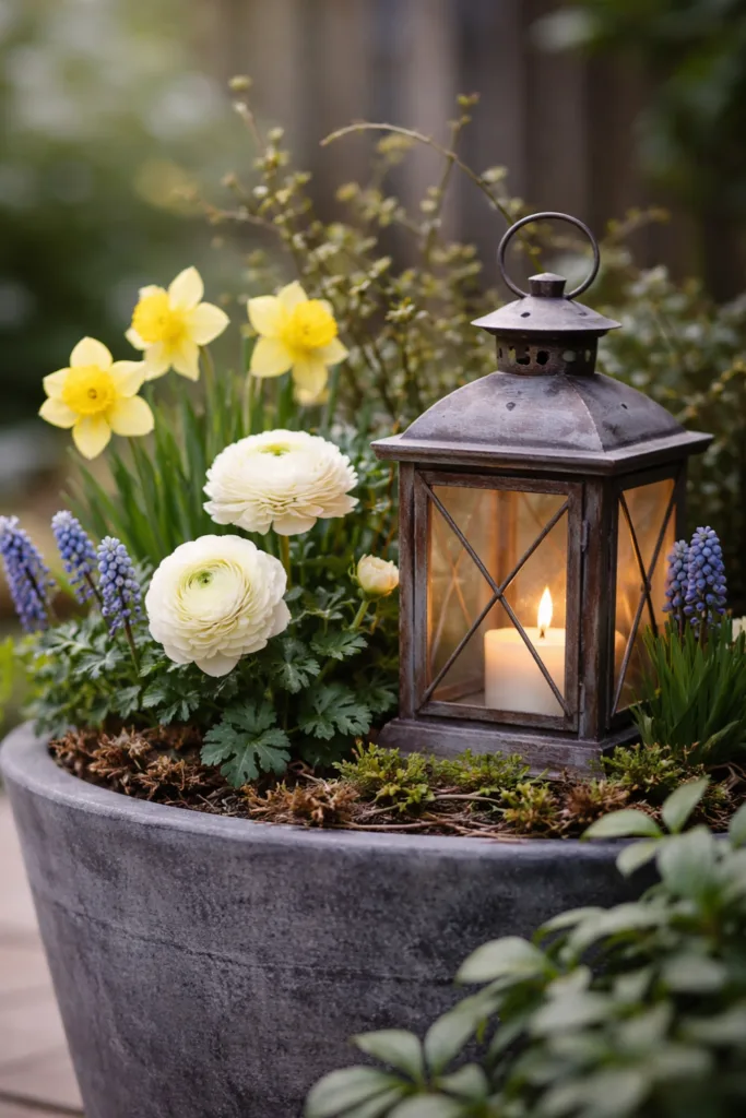 Deko für Pflanzkübel im April mit Laterne, Narzissen und Frühlingsblumen im Kübel arrangiert