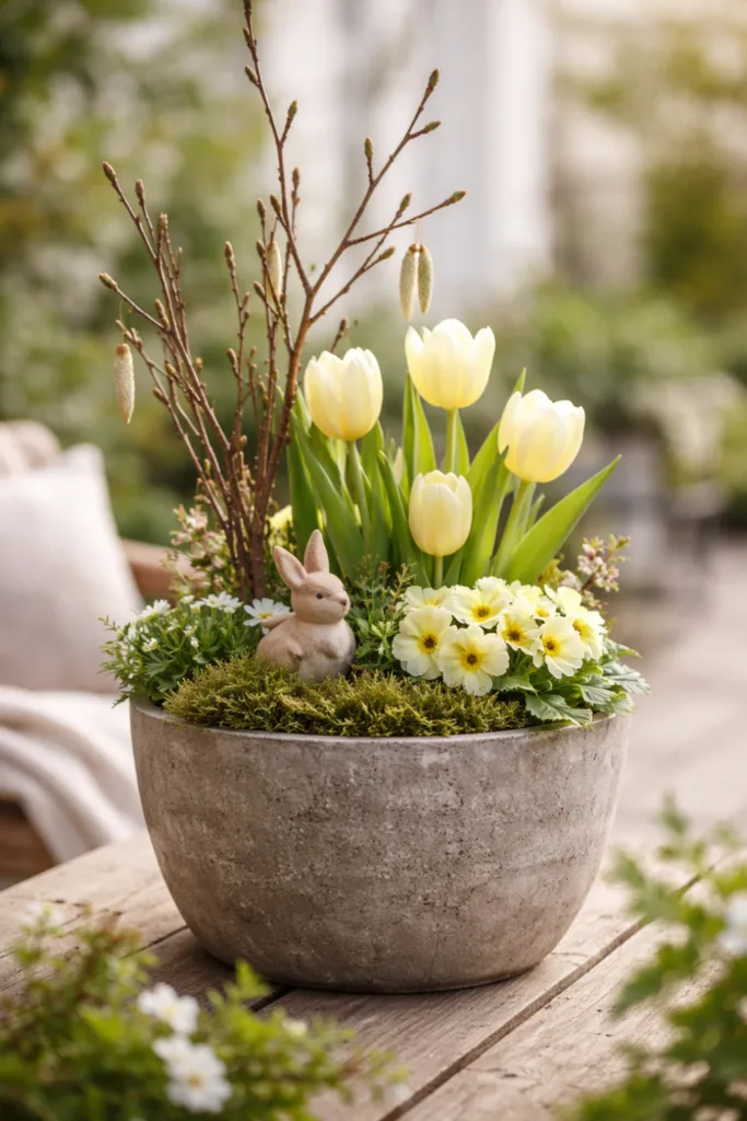 Deko für Pflanzkübel im April mit Tulpen, Zweigen und Frühlingsdeko im Topf