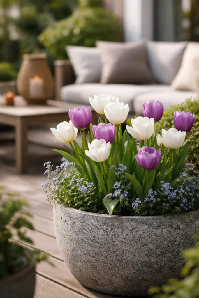 Terrassengestaltung im Frühling – 5 Ideen, die wirklich funktionieren Terrassengestaltung im Frühling mit Tulpen in Pflanzkübel und gemütlicher Sitzecke im Hintergrund