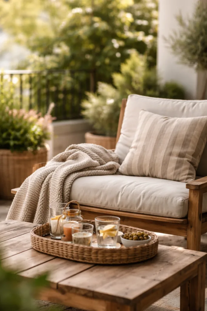 Terrassengestaltung im Frühling – 5 Ideen, die wirklich funktionieren Terrassengestaltung im Frühling mit bequemer Sitzecke, Kissen und Holzstuhl im natürlichen Tageslicht