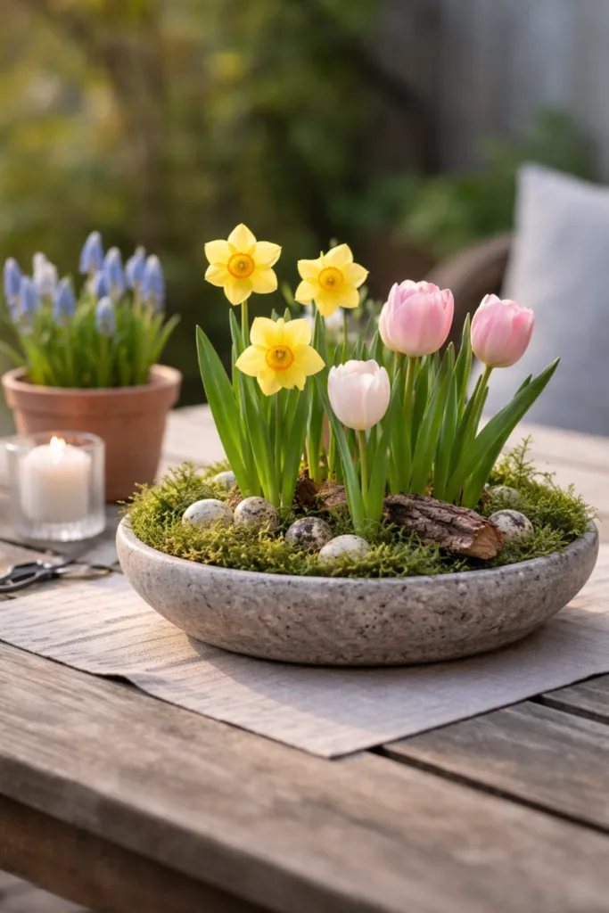 Frühlingshafte Terrassentisch Deko mit Tulpen und Narzissen