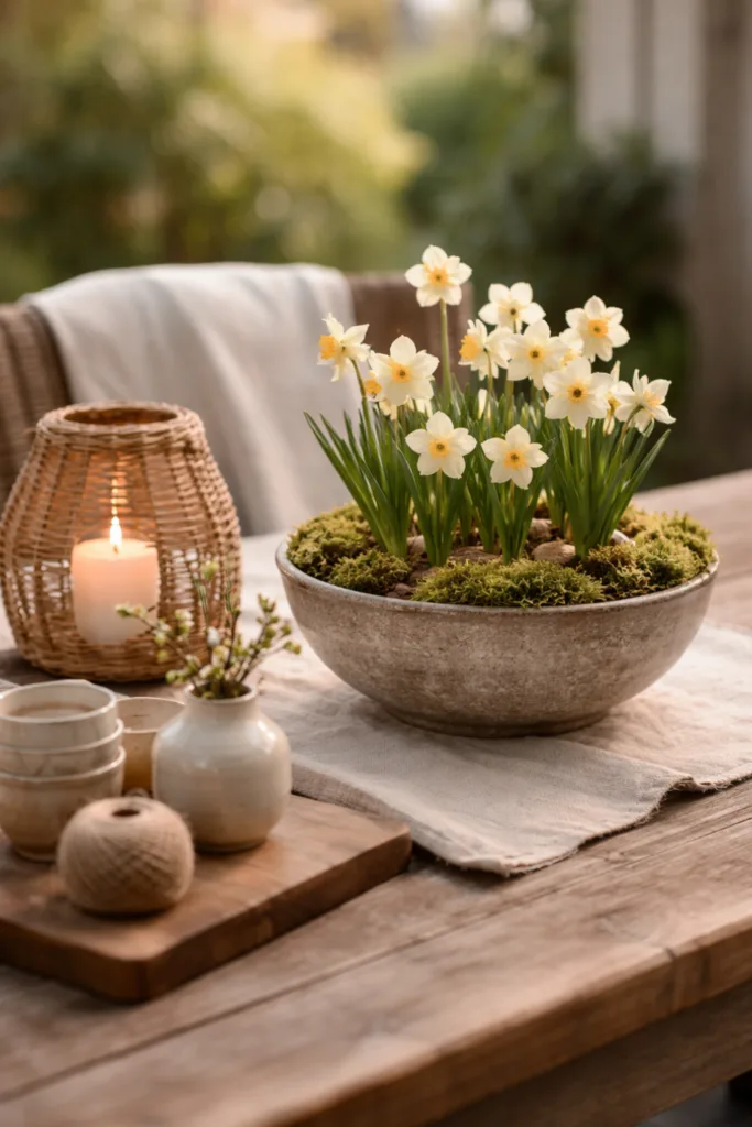 Terrassentisch Deko im April mit Holz, Keramik und Frühlingsblumen in natürlicher Gestaltung