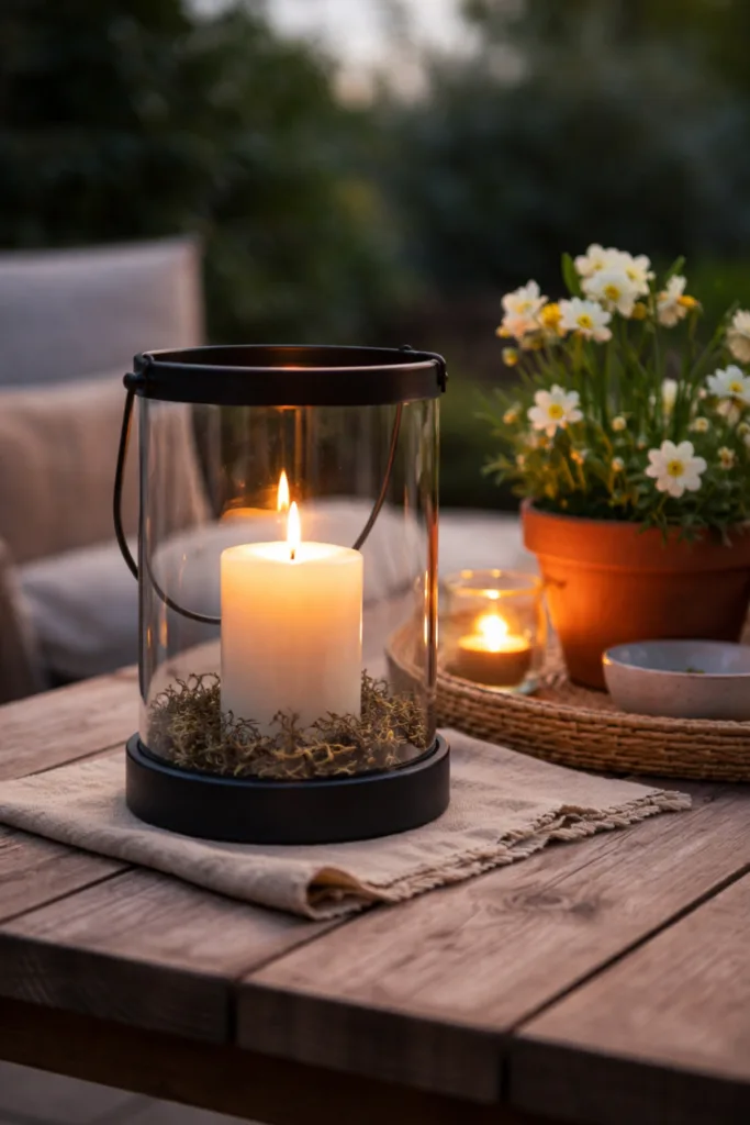 Terrassentisch Deko im April mit Kerze im Windlicht und Frühlingspflanzen auf Holztisch