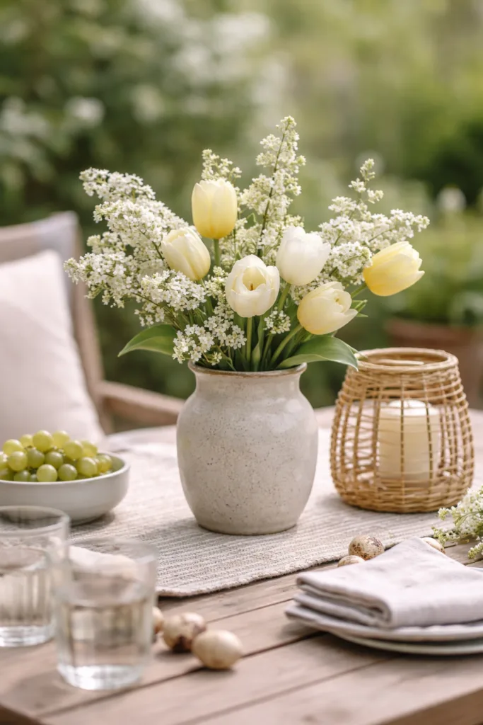 Terrassentisch Deko im April mit Tulpen, Naturmaterialien und dezenter Farbgestaltung im Garten