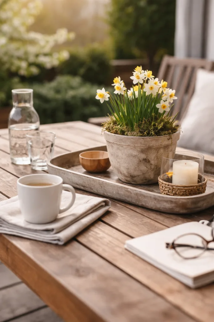 Terrassentisch Deko im April mit Tablett, Kerze und Frühlingsblumen funktional arrangiert