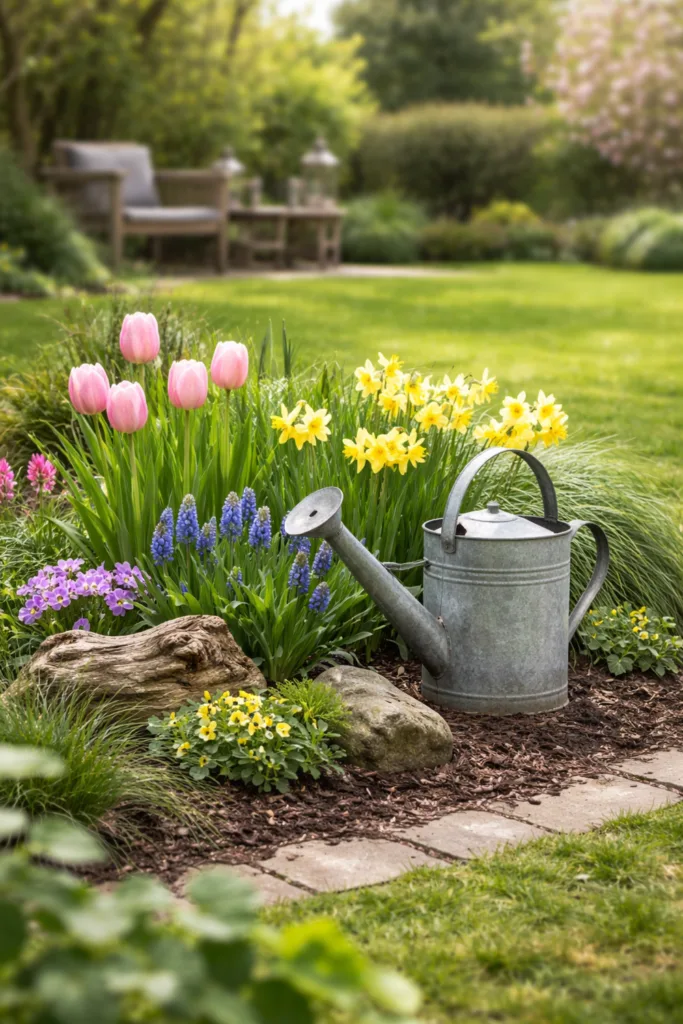 Großer Garten mit Pflanzinsel im April, Tulpen, Narzissen und dekorativer Gießkanne im Fokus