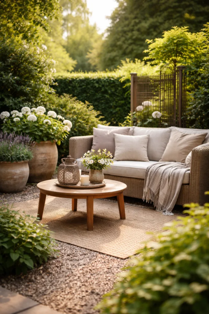 Sitzbereich im großen Garten im April mit Möbeln, Pflanzen und natürlicher Dekoration gemütlich gestaltet