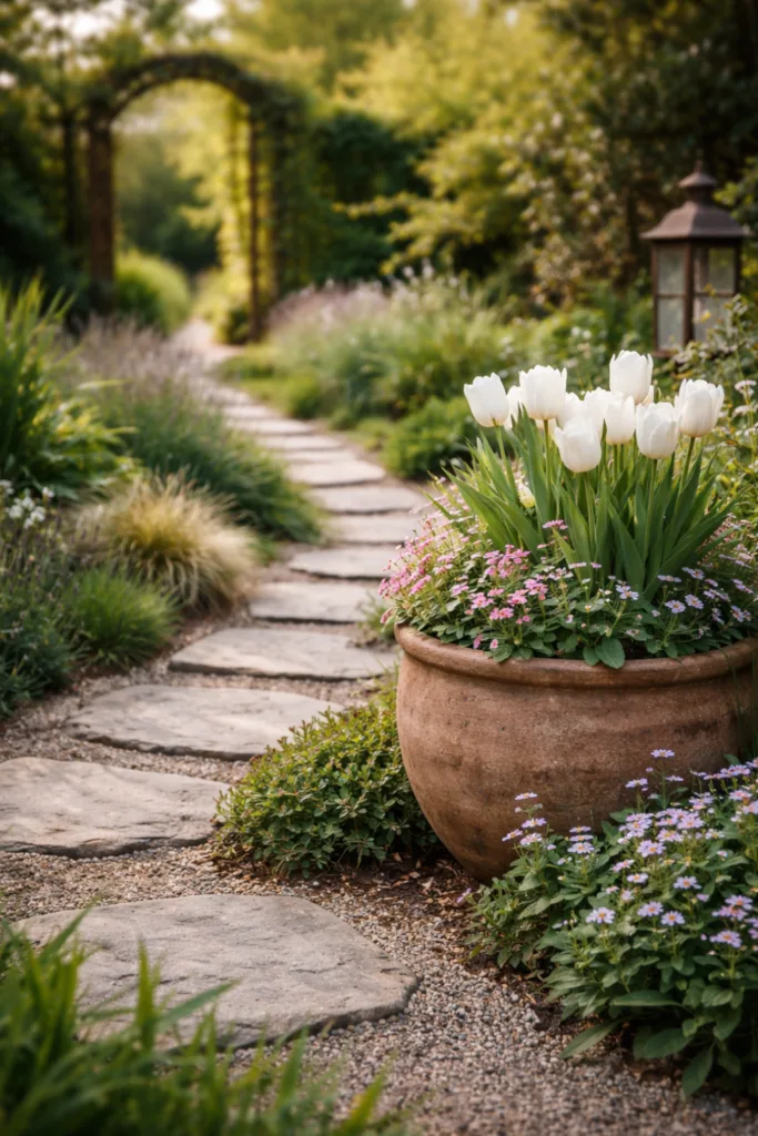 Geschwungener Gartenweg mit Tulpen und Kies im April, klare Blickachse im großen Garten gestaltet