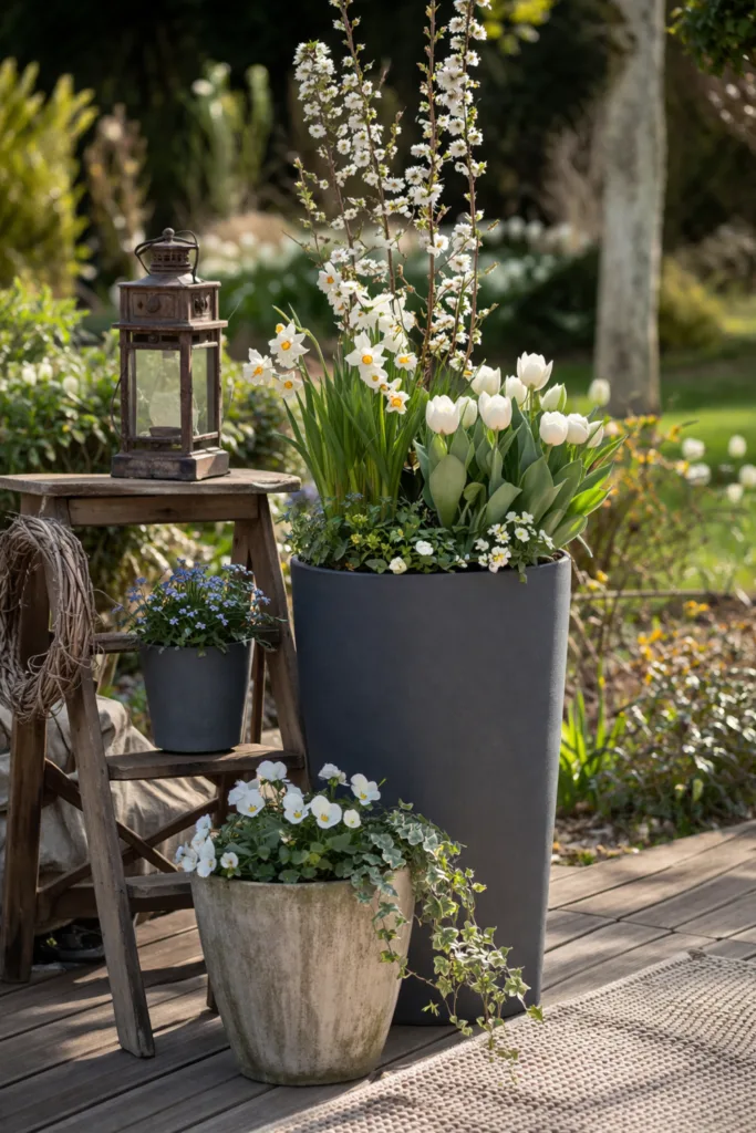 Großer Garten Deko im April mit Pflanzkübeln auf verschiedenen Ebenen und Frühlingsblumen