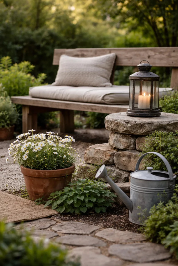 Großer Garten im April mit Holzbank, Stein und Metall Deko natürlich kombiniert