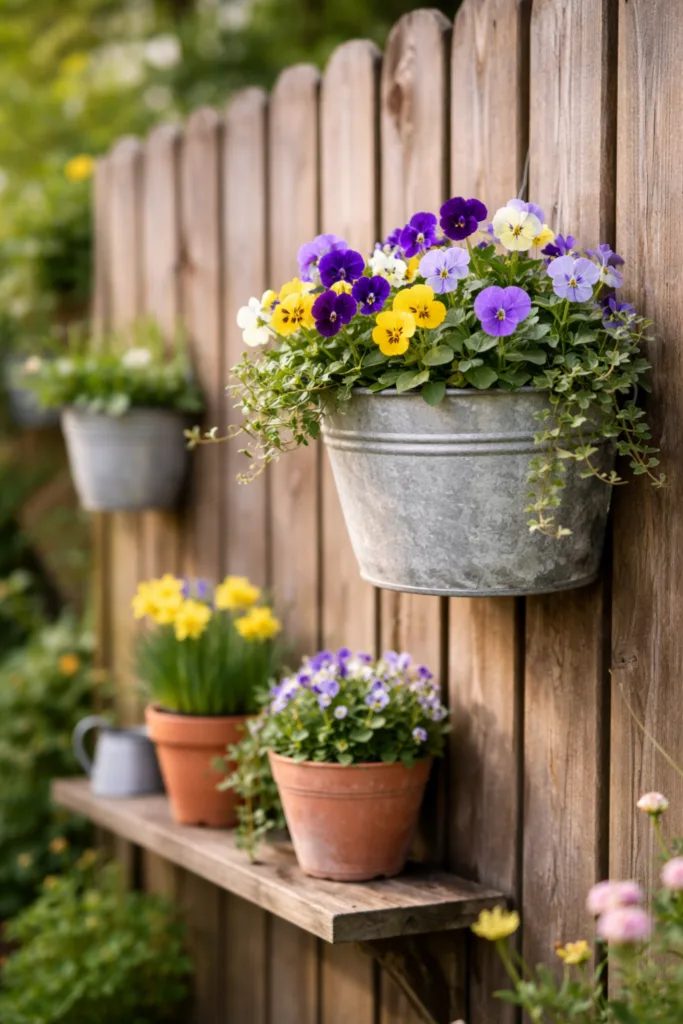 Gartenzaun Deko im April mit hängendem Blumentopf und Frühlingsbepflanzung aus Hornveilchen und Narzissen