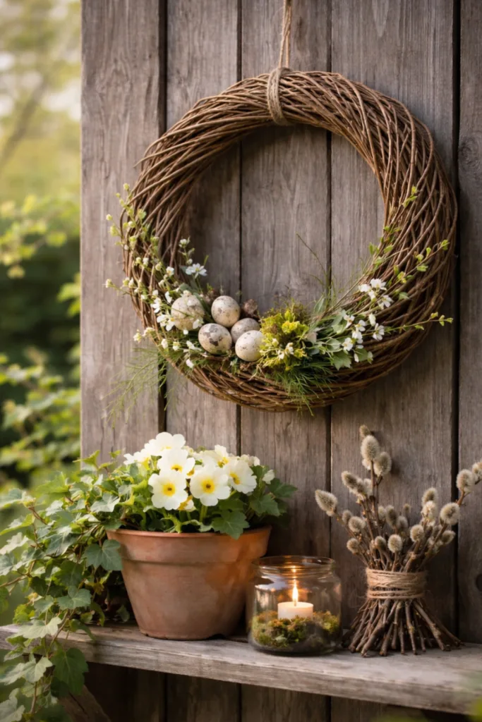 Gartenzaun Deko im April mit Weidenkranz, Holz und Frühlingsblumen in natürlicher Gestaltung