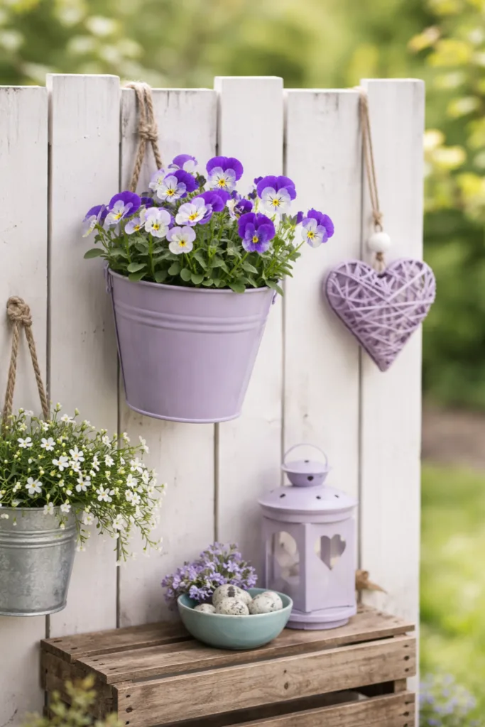 Gartenzaun Deko im April mit farbigen Blumentöpfen und Frühlingsblumen in Pastelltönen