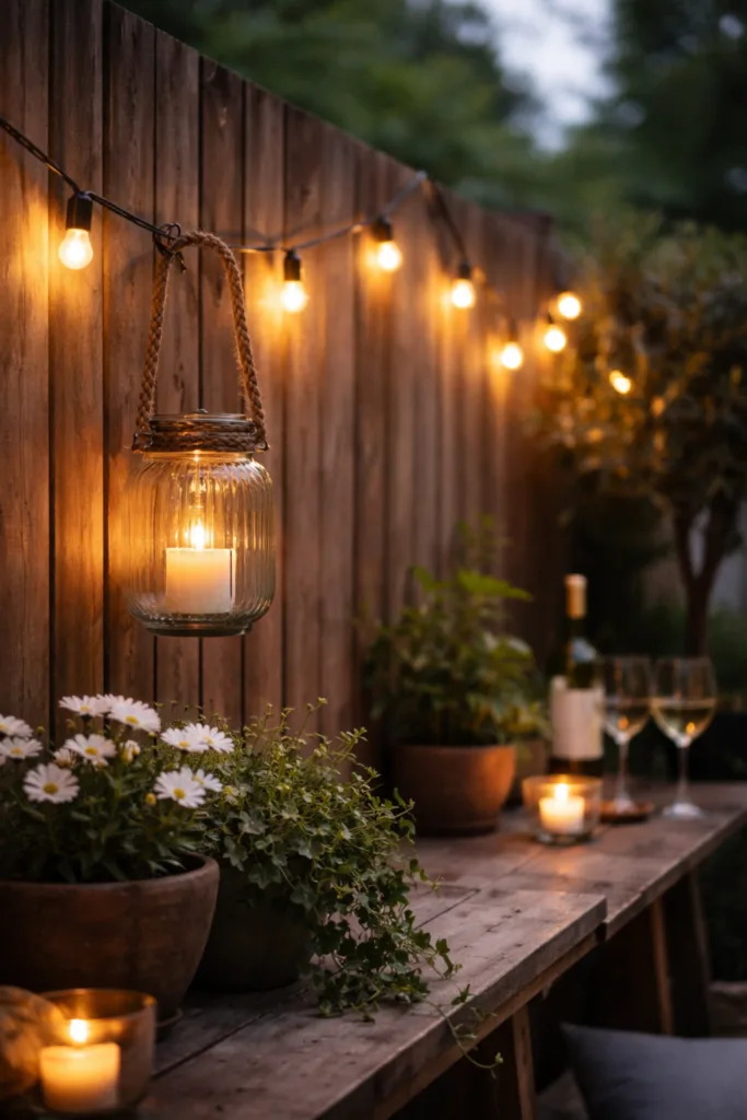 Gartenzaun Deko im April mit Lichterkette und warmem Abendlicht am Holzzaun