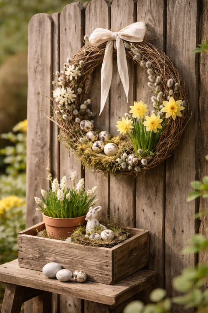 Gartenzaun Deko im April mit Weidenkranz, Narzissen und natürlicher Frühlingsdeko am Holzzaun