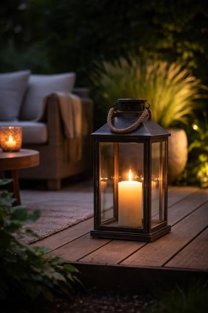 Moderne Gartendeko im April mit gezieltem Licht, Laterne und stimmungsvoller Beleuchtung auf Terrasse