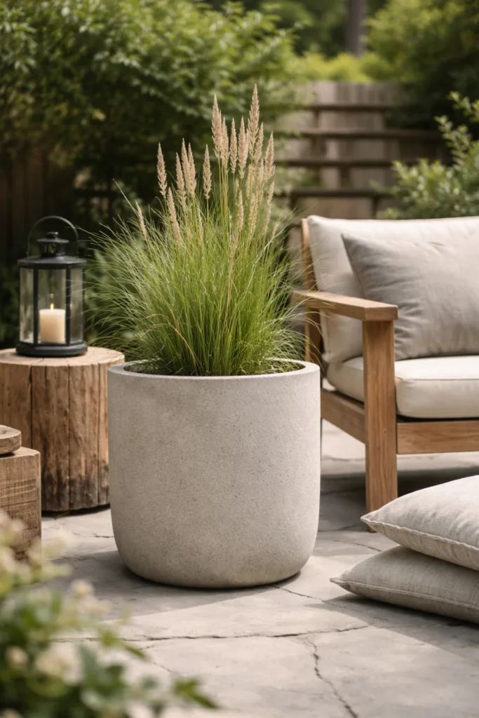 Moderne Gartendeko im April mit Betonpflanzkübel, Holzmöbeln und natürlichen Materialien im Garten