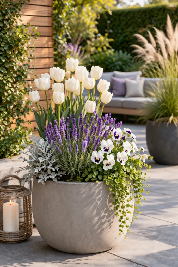 Moderne Gartendeko im April mit Farbkonzept Weiß Violett im Pflanzkübel auf Terrasse