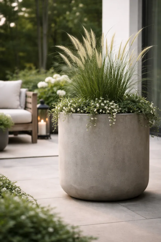 Moderner Pflanzkübel aus Beton mit Gräsern für klare Gartendeko im April