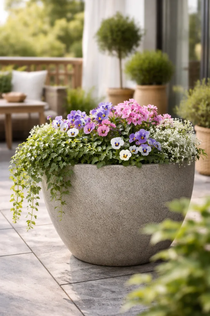 Balkon ohne Dach Deko im April mit großem Pflanzkübel und Frühblühern wie Hornveilchen und Efeu
