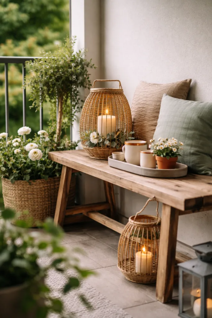 Balkon ohne Dach Deko im April mit windgeschützter Ecke, Bank, Laterne und Pflanzen in ruhiger Anordnung