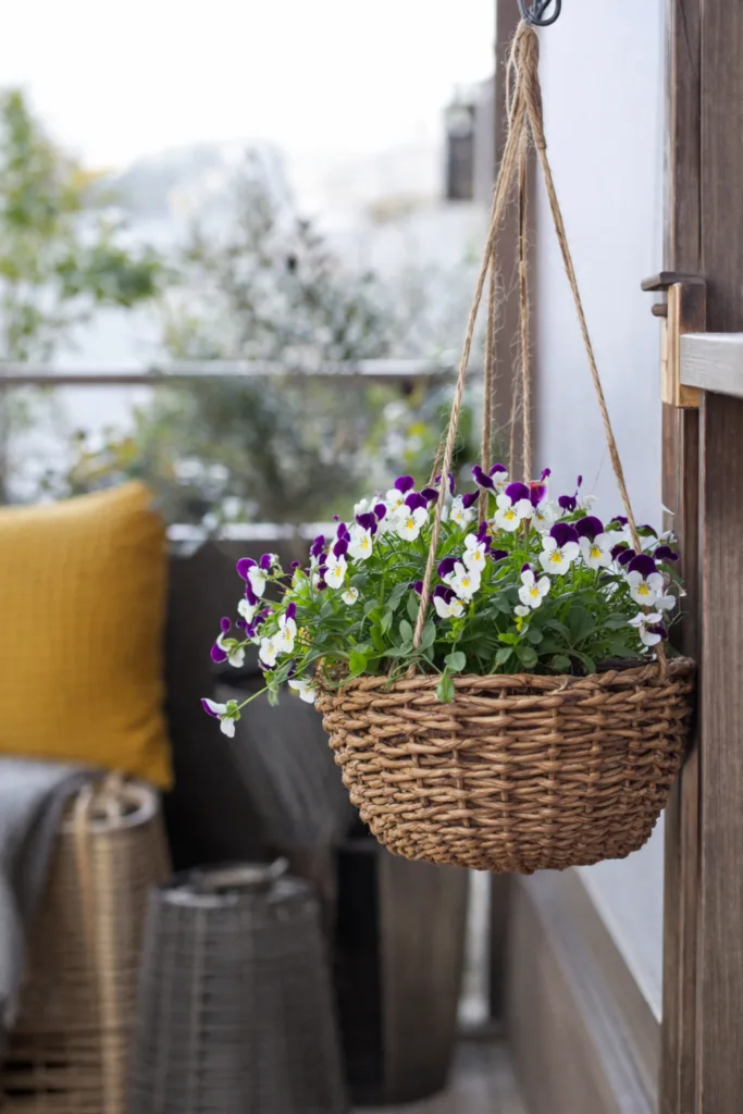 Balkon ohne Dach Deko im April mit hängendem Pflanzgefäß windgeschützt am Geländer platziert