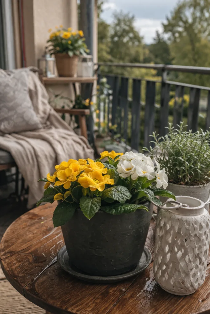 Balkon ohne Dach im April mit wetterfester Deko, Pflanzen im Kübel nach Regen dekoriert
