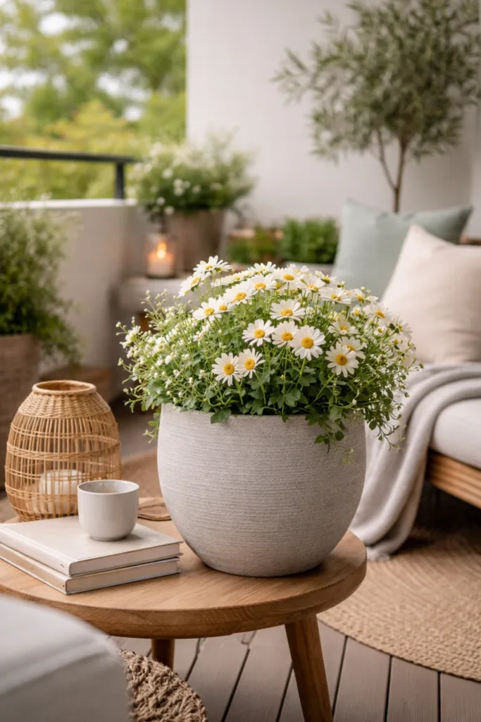 Balkon ohne Dach im April mit neutralem Farbkonzept, Pflanzkübel und reduzierter Deko im Frühling