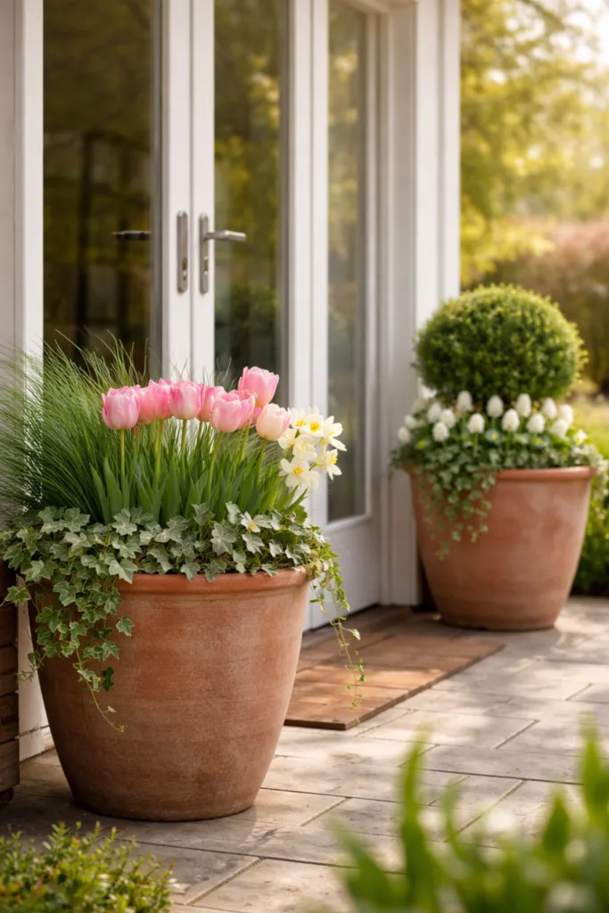 5 einfache & schöne Deko-Ideen für deine Terrassentür im April Terrassentür Deko im April mit großen Pflanzkübeln, Tulpen und Frühlingsblumen im Eingangsbereich der Terrasse
