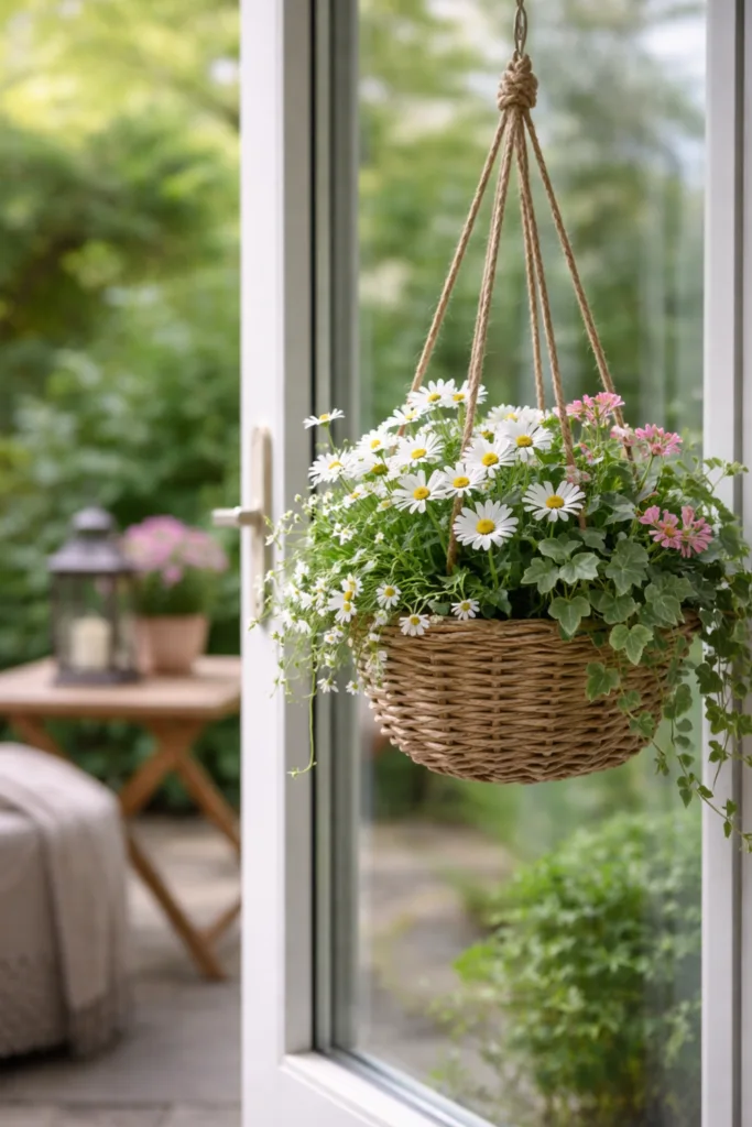 5 einfache & schöne Deko-Ideen für deine Terrassentür im April Terrassentür Deko im April mit hängendem Blumenkorb und Frühlingspflanzen in natürlicher Gestaltung