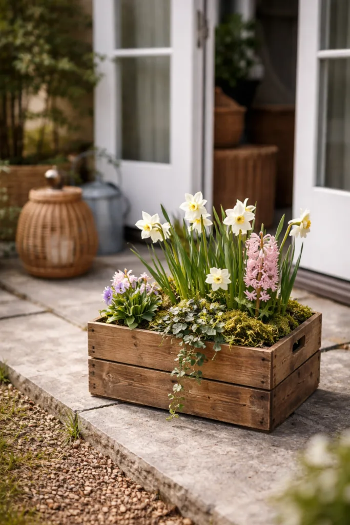 5 einfache & schöne Deko-Ideen für deine Terrassentür im April Terrassentür Deko im April mit Holzkiste, Frühblühern und natürlichen Materialien auf der Terrasse
