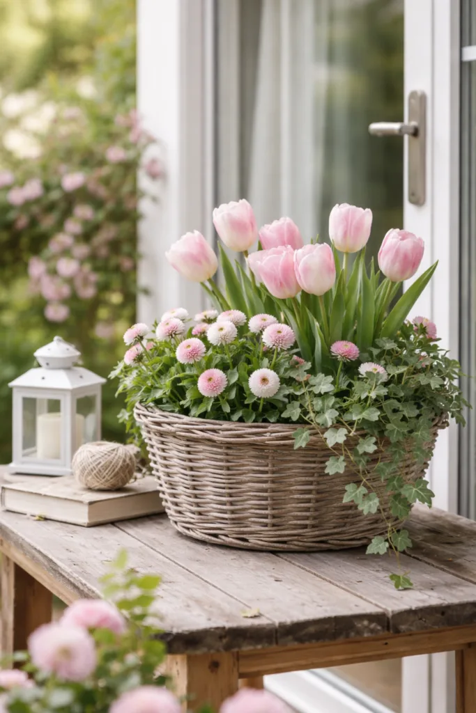 5 einfache & schöne Deko-Ideen für deine Terrassentür im April Terrassentür Deko im April mit rosa Tulpen und ruhigem Farbkonzept auf Holztisch