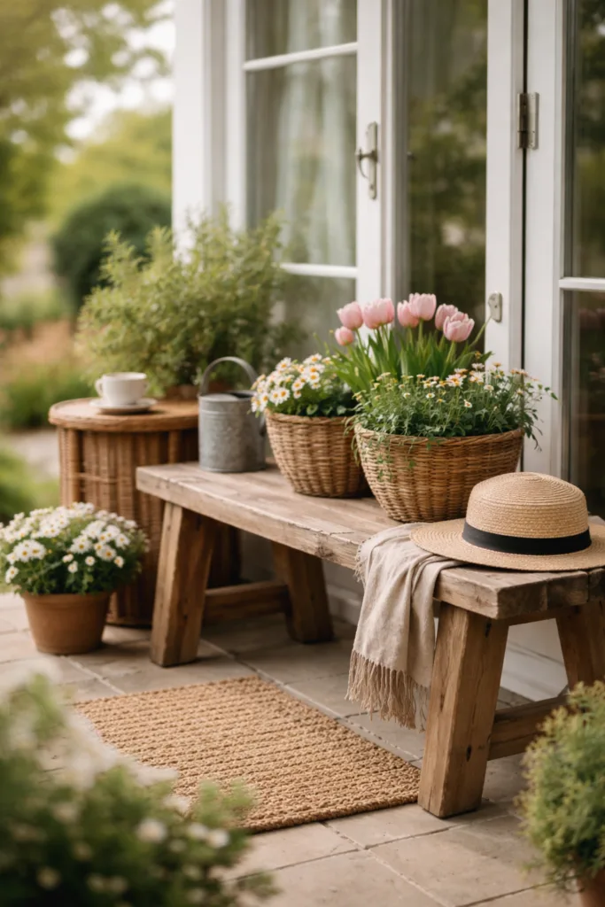 5 einfache & schöne Deko-Ideen für deine Terrassentür im April Terrassentür Deko im April mit Holzbank, Frühblühern und natürlicher Frühlingsgestaltung draußen