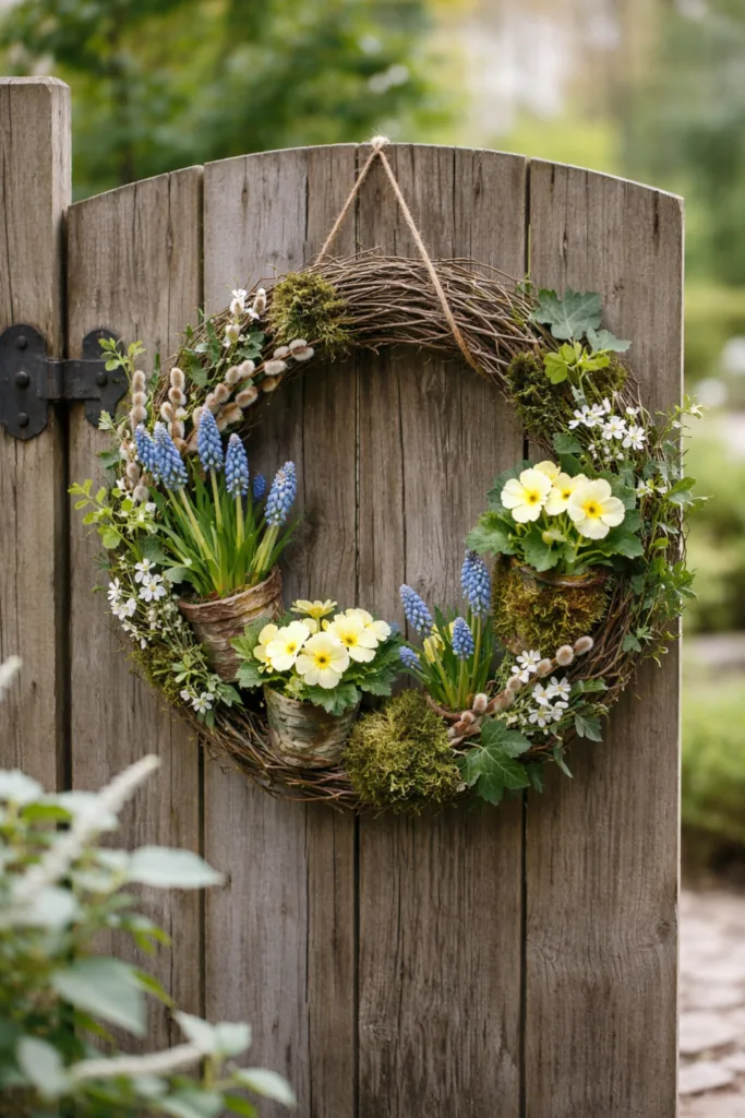 Frühjahrs Kranz aus Naturmaterialien am Gartentor im April mit Blumen und Moos dekoriert
