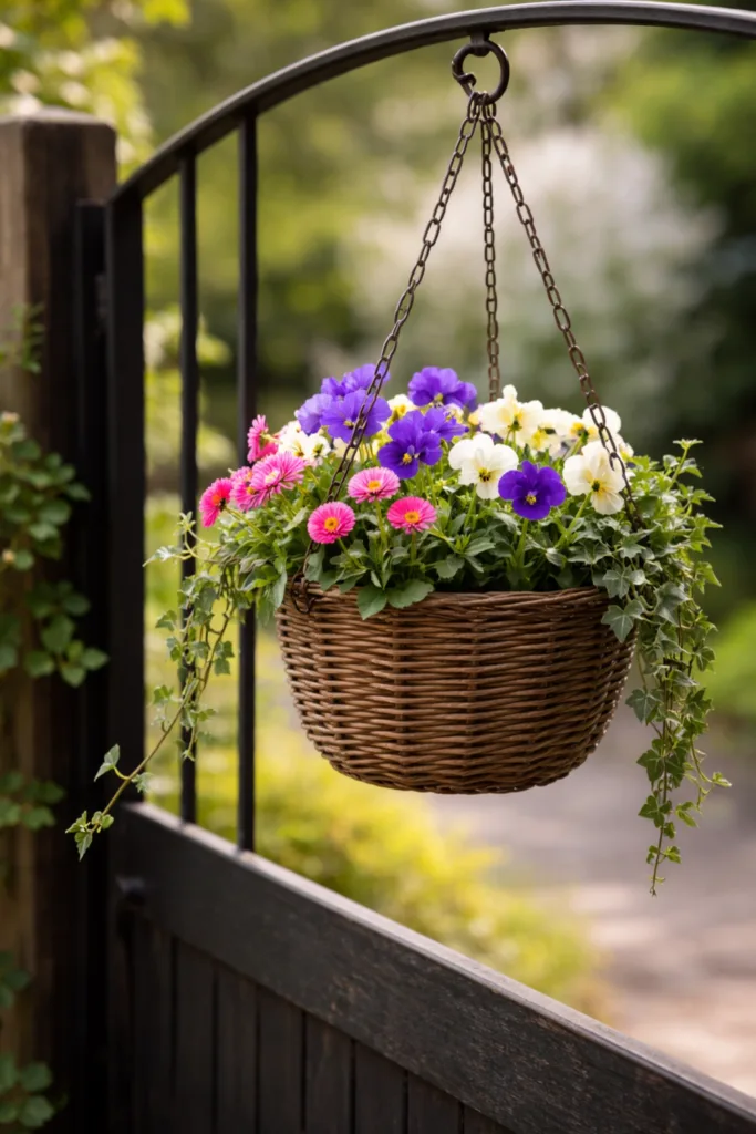 Gartentor Deko im April mit hängenden Pflanzkörben und Frühblühern in natürlicher Gartengestaltung