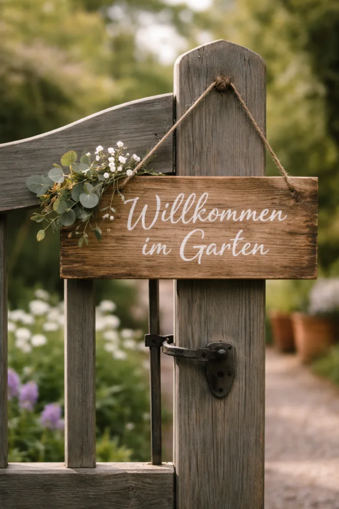 Gartentor Deko im April mit Holzschild und Frühlingsbotschaft aus Holz im Garten