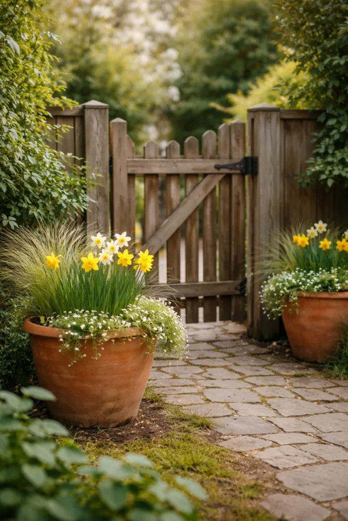 Gartentor Deko im April mit Pflanzkübeln, Narzissen und natürlichem Holztor im Frühlingsgarten