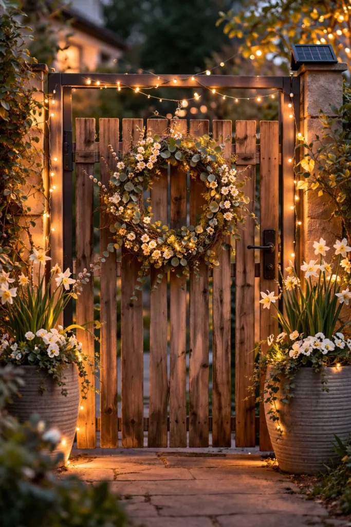 Gartentor Deko im April mit Lichterkette und warmem Licht am Holztor im Garten