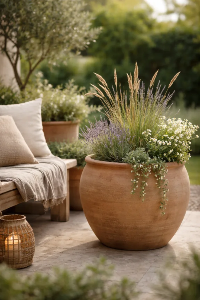 Trendfarben Garten 2026 mit Erdtönen, Terrakotta-Topf und ruhiger Gartengestaltung