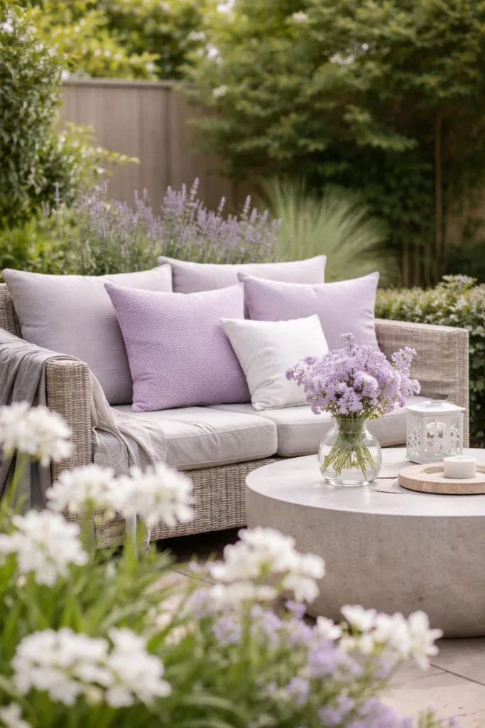 Trendfarben Garten 2026 Pastell Sitzecke mit klarer Struktur und sanften Frühlingsfarben im April