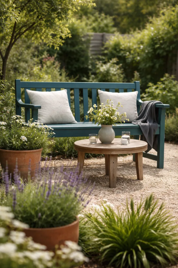 Trendfarben Garten 2026 mit gezielter Kontrastfarbe als Blickfang im Sitzbereich