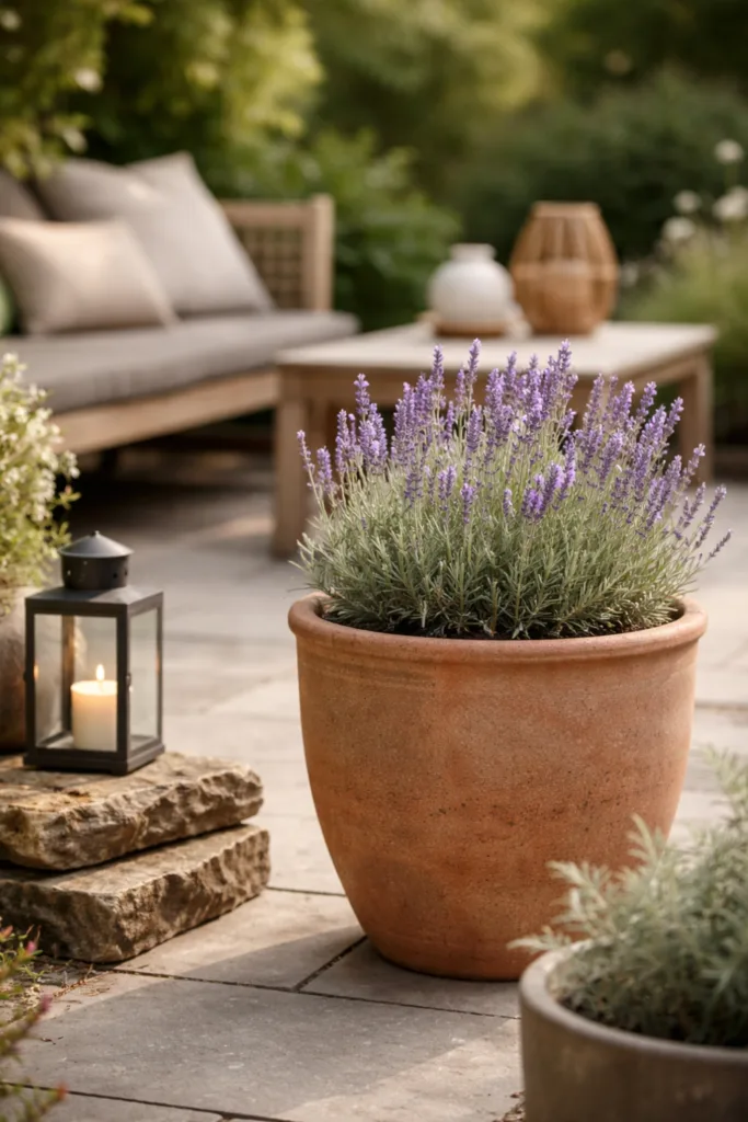 Trendfarben Garten 2026 mit Lavendel, Terrakotta Topf und natürlicher Materialwirkung