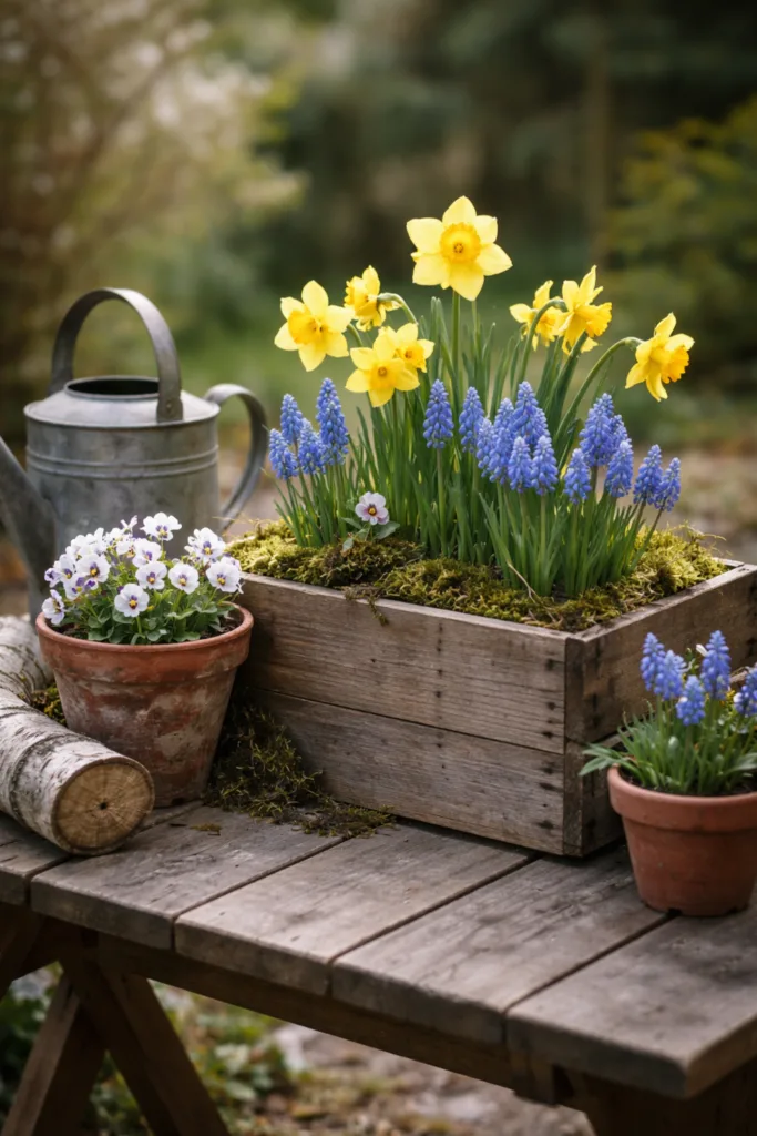 Deko für draußen im April mit Frühblühern, Holzkiste und natürlichen Materialien im Garten