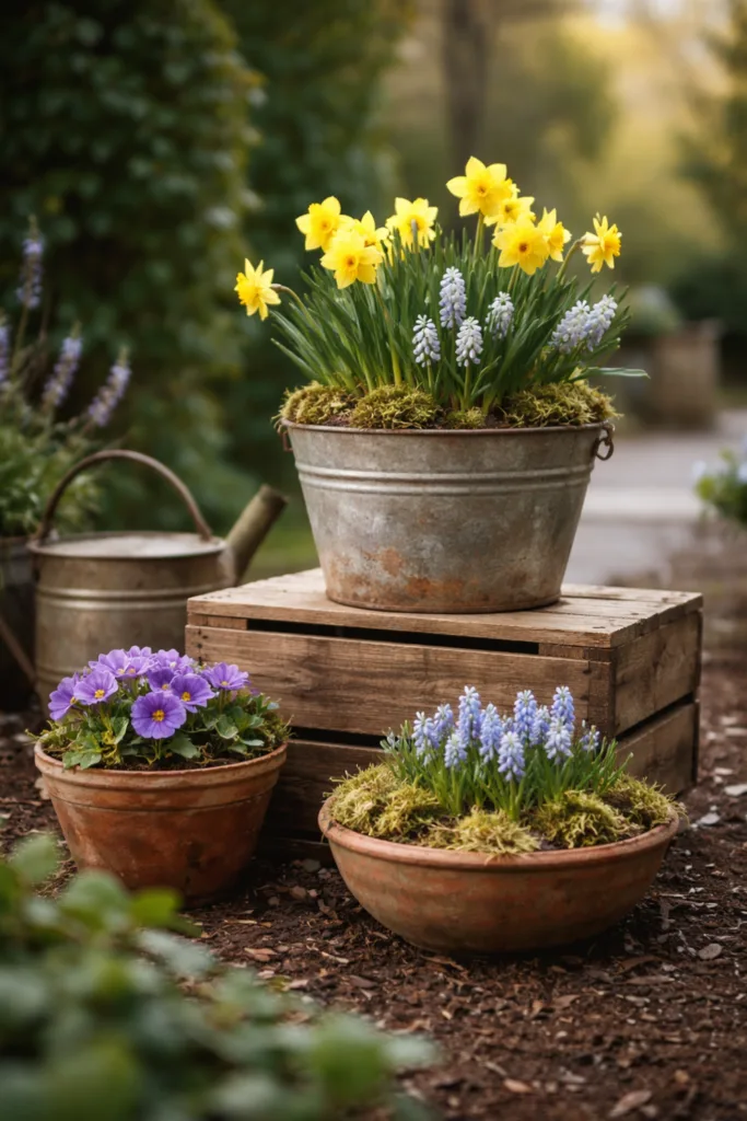 Deko für draußen im April mit bepflanzten Ebenen, Holzkisten und Blumentöpfen im Garten
